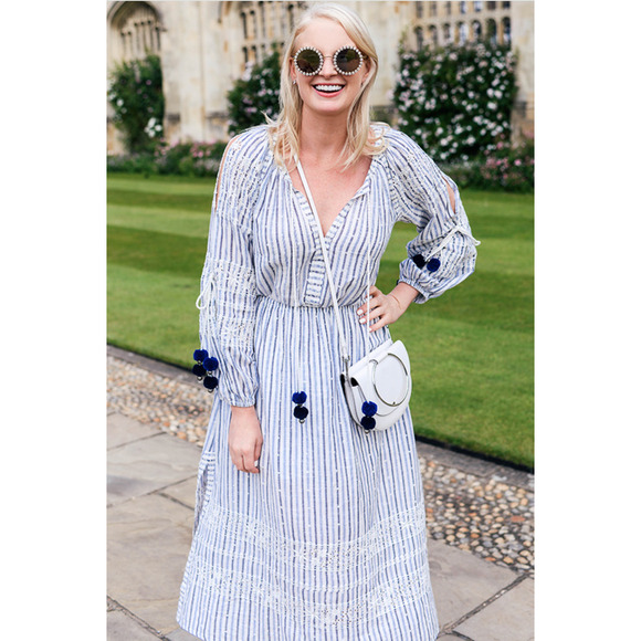 Anthropologie M LOVESHACKFANCY Striped Isla Midi Dress Long Sleeve White Blue - Picture 10 of 10